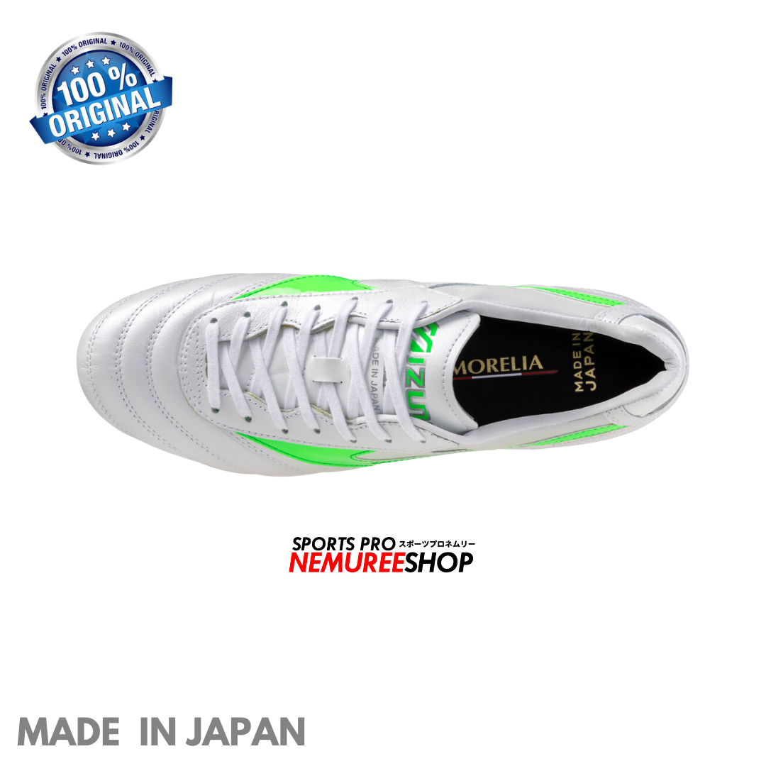 MIZUNO Football Shoes MORELIA 2 JAPAN (WHITE/NEON GREEN/GALAXY SILVER) - Nemuree Shop - Online Sports Store