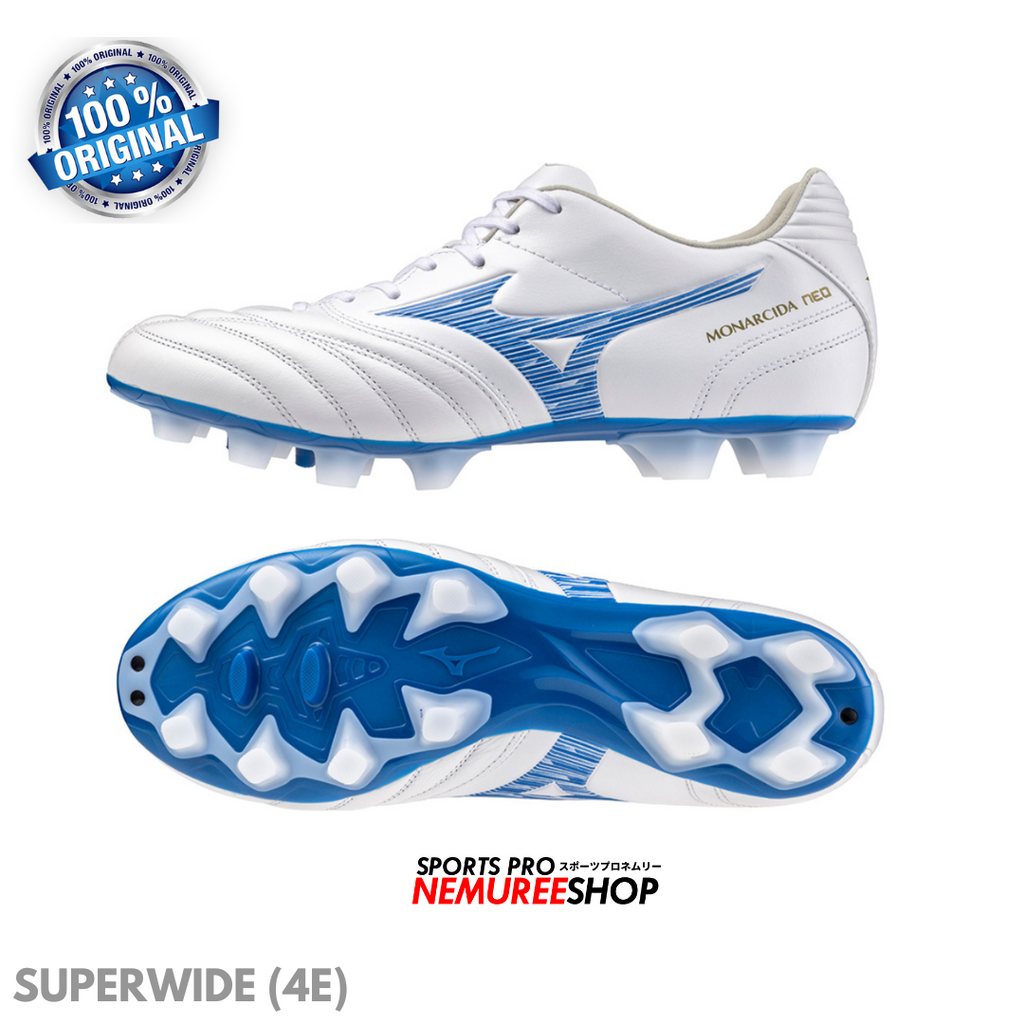 MIZUNO Football Shoes MONARCIDA NEO 3 SW KL (WHITE/LASER BLUE/GOLD) - SUPERWIDE (4E) - Nemuree Shop - Online Sports Store
