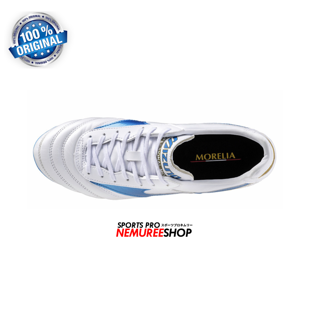 MIZUNO Football Shoes MORELIA 2 PRO (WHITE/LASER BLUE/GOLD) - Nemuree Shop - Online Sports Store