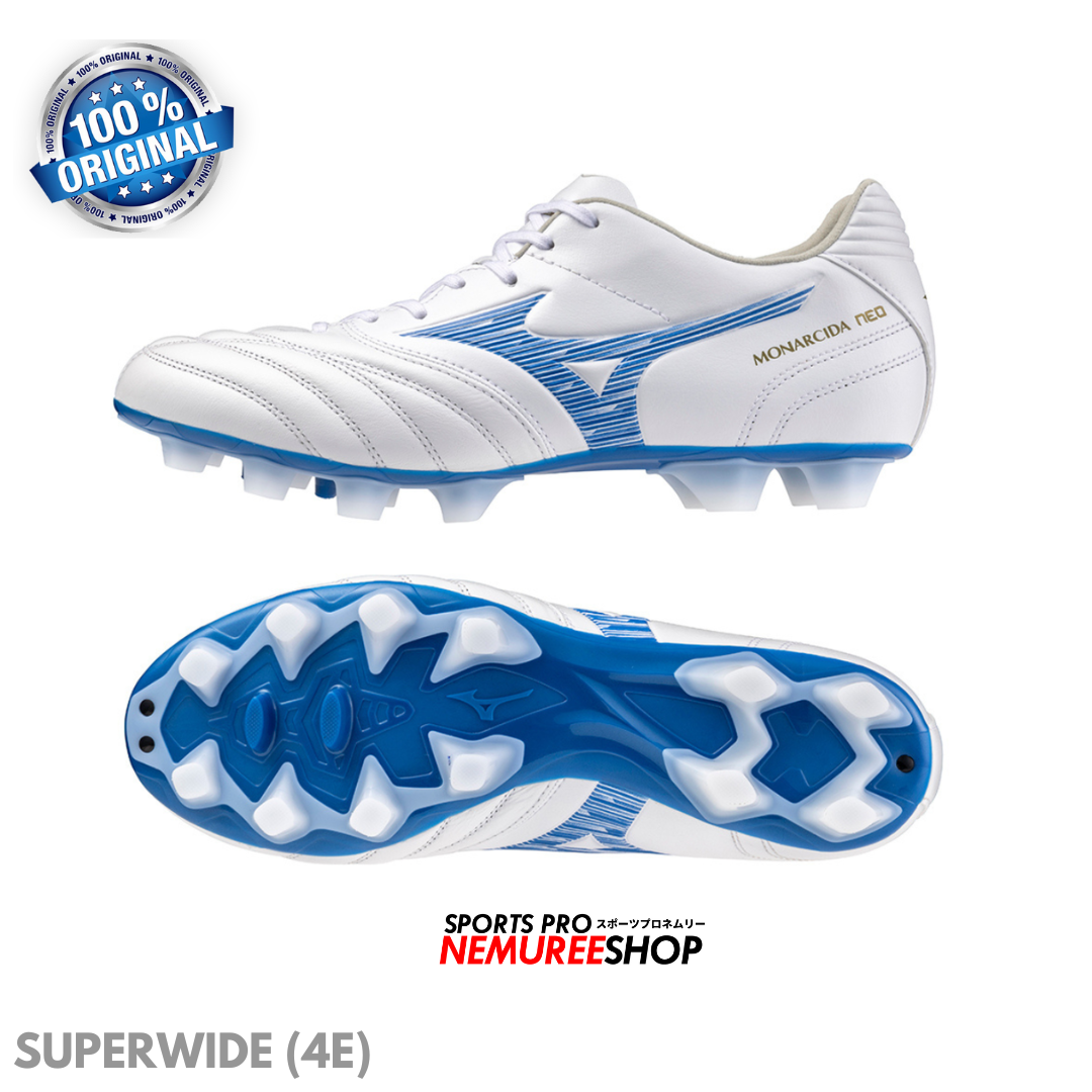 MIZUNO Football Shoes MONARCIDA NEO 3 SW KL (WHITE/LASER BLUE/GOLD) - SUPERWIDE (4E) - Nemuree Shop - Online Sports Store