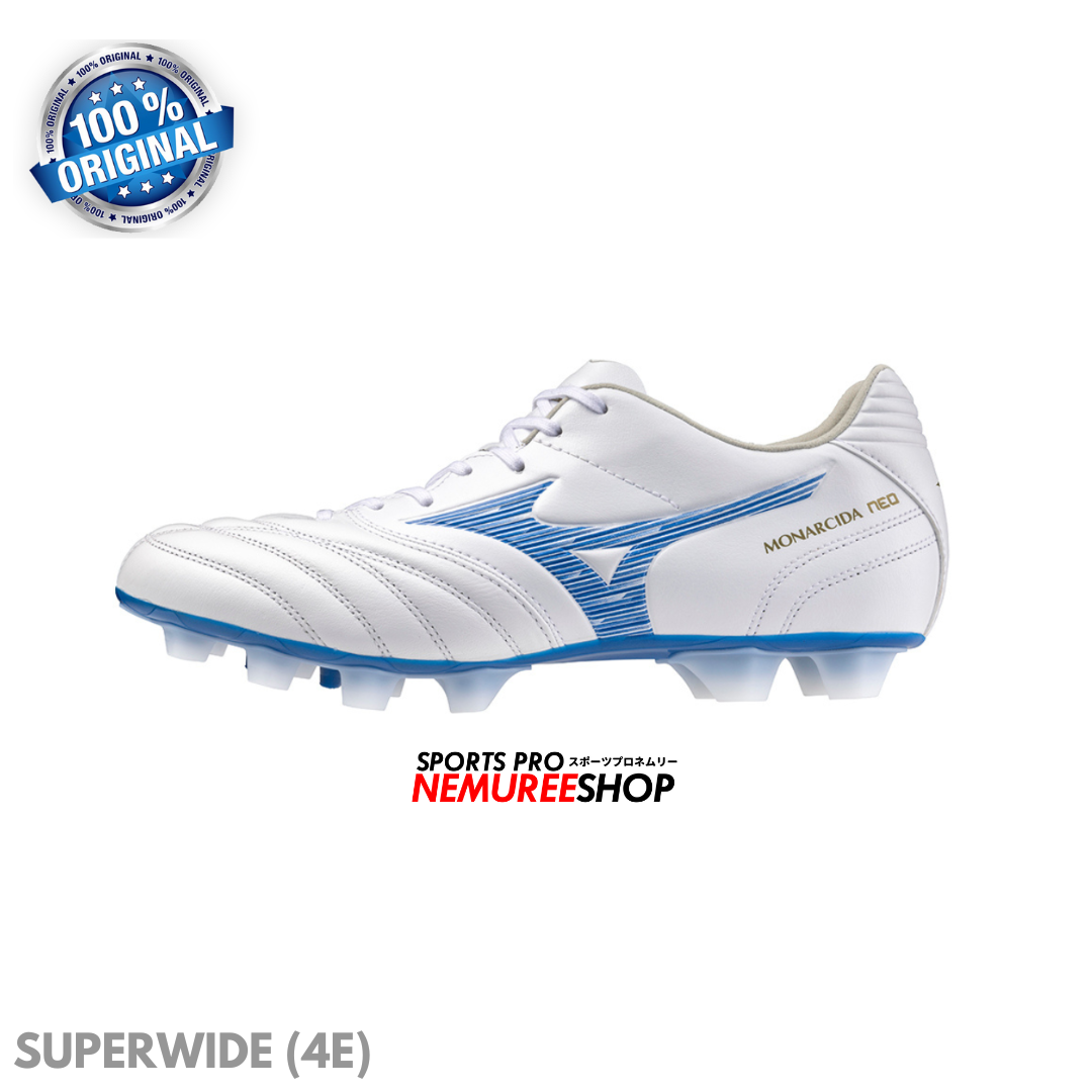 MIZUNO Football Shoes MONARCIDA NEO 3 SW KL (WHITE/LASER BLUE/GOLD) - SUPERWIDE (4E) - Nemuree Shop - Online Sports Store