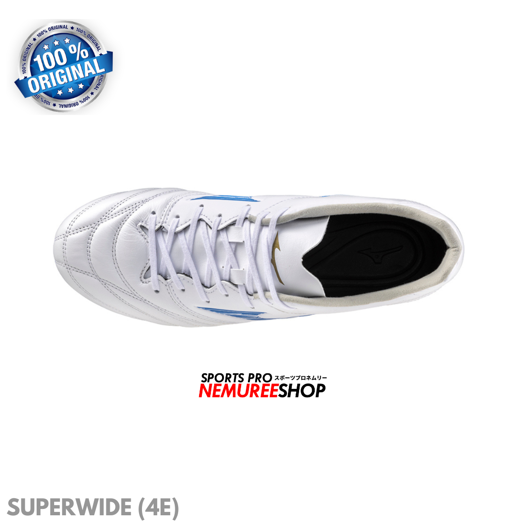 MIZUNO Football Shoes MONARCIDA NEO 3 SW KL (WHITE/LASER BLUE/GOLD) - SUPERWIDE (4E) - Nemuree Shop - Online Sports Store