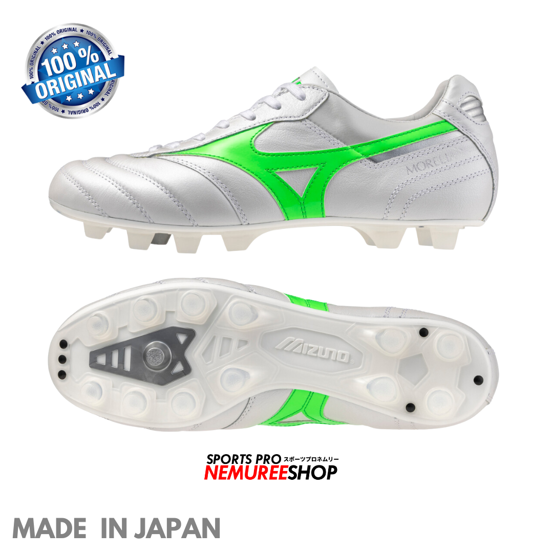 MIZUNO Football Shoes MORELIA 2 JAPAN (WHITE/NEON GREEN/GALAXY SILVER) - Nemuree Shop - Online Sports Store